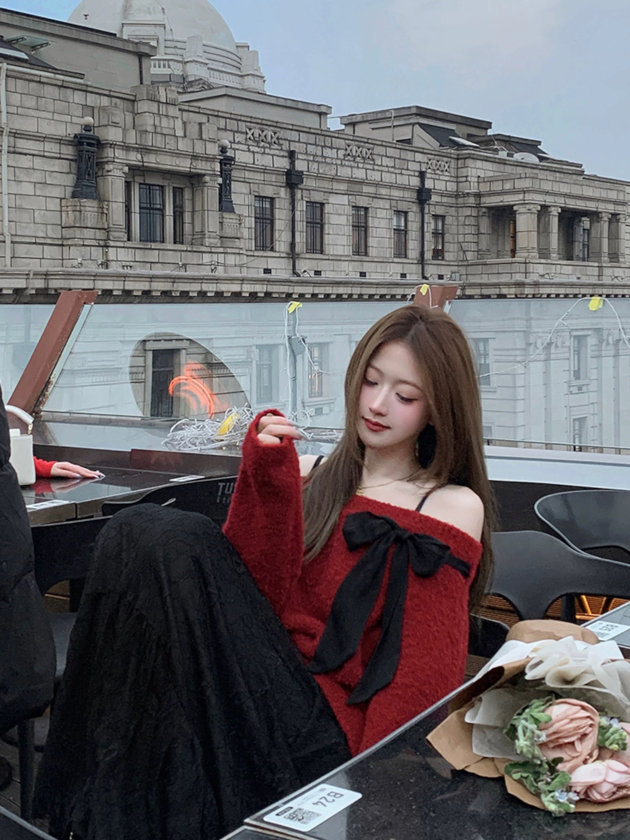 Off Shoulder Long Sleeve Knitted Top