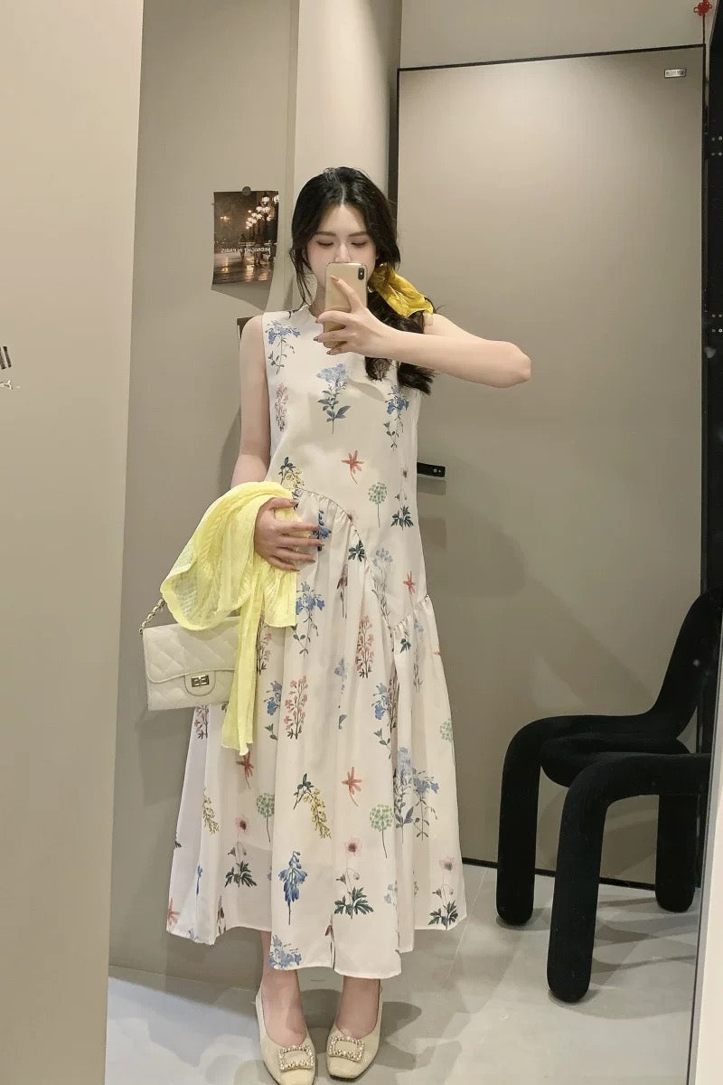 Mini Floral Beige Long Dress