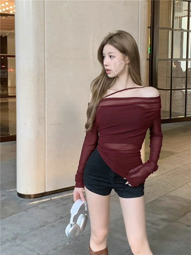 Mesh Off Side Shoulder Long Sleeve Top with tube