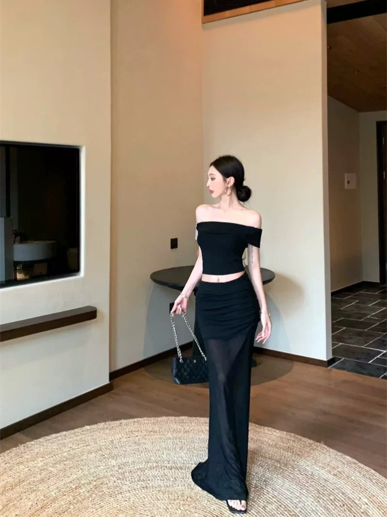 Black Off Shoulder Crop Top + Mesh Long Skirt Two Pieces Set