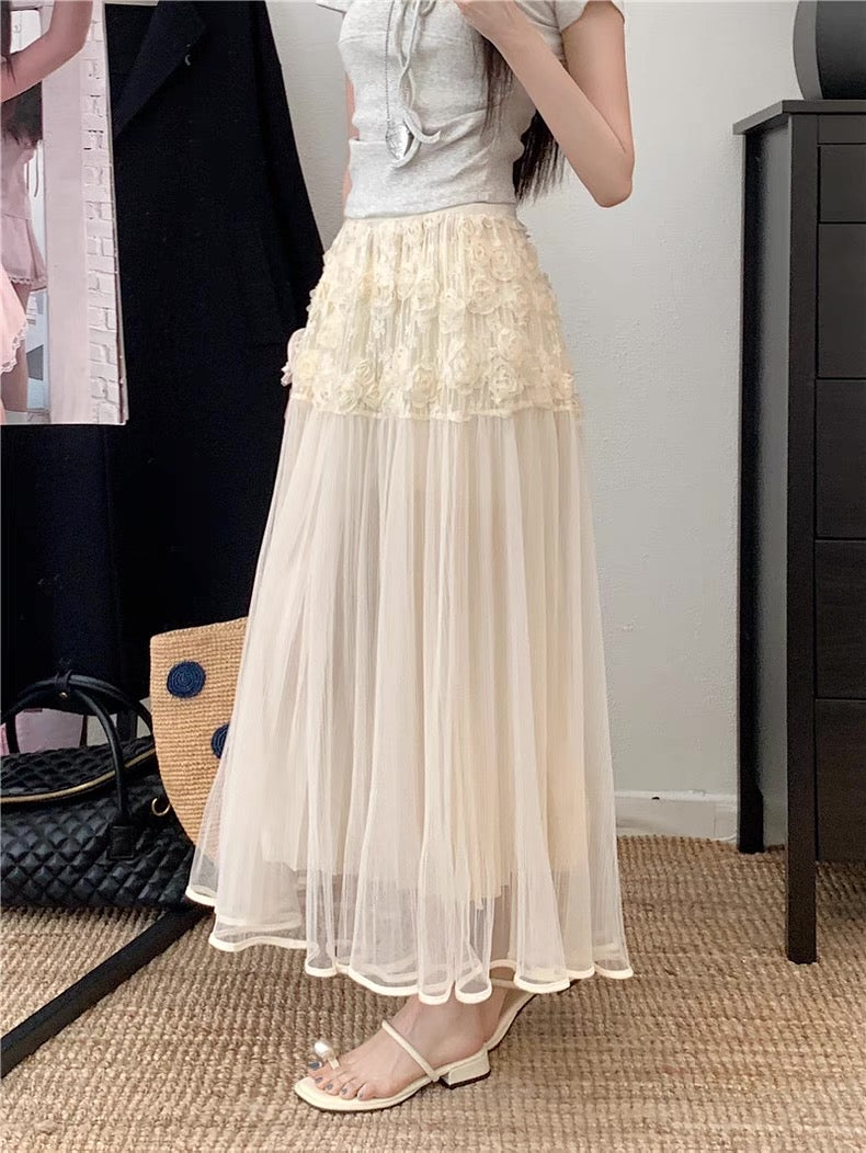 Beige 2D Rose Mesh Long Skirt