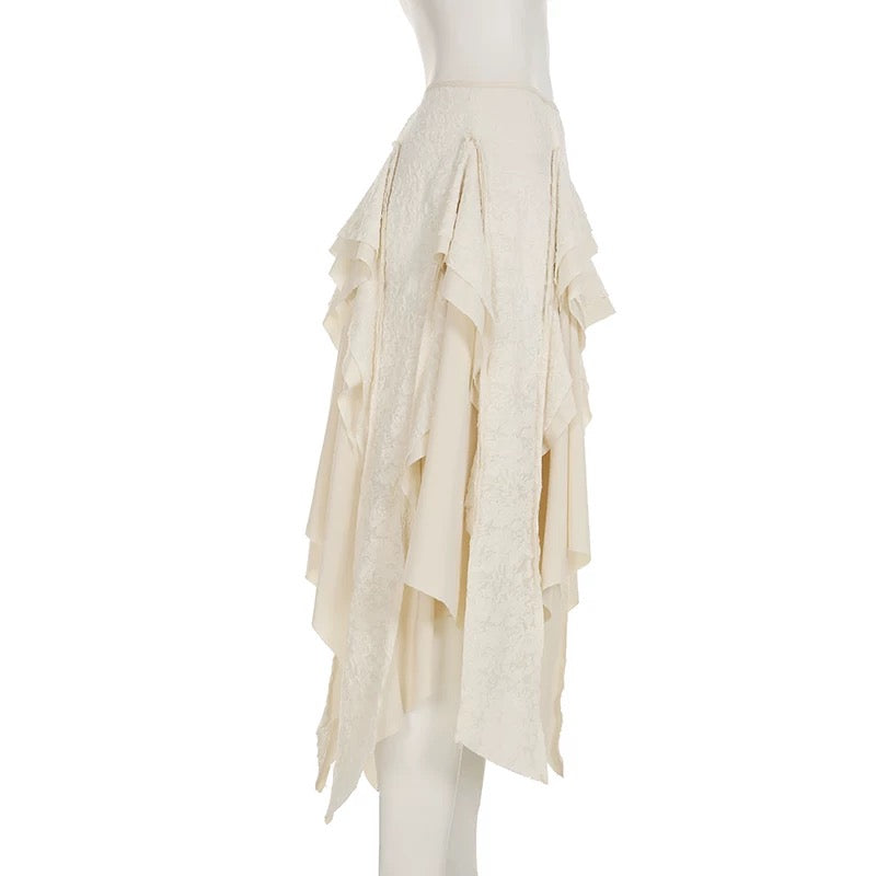 Creamy Unequal Mix Lace Long Skirt
