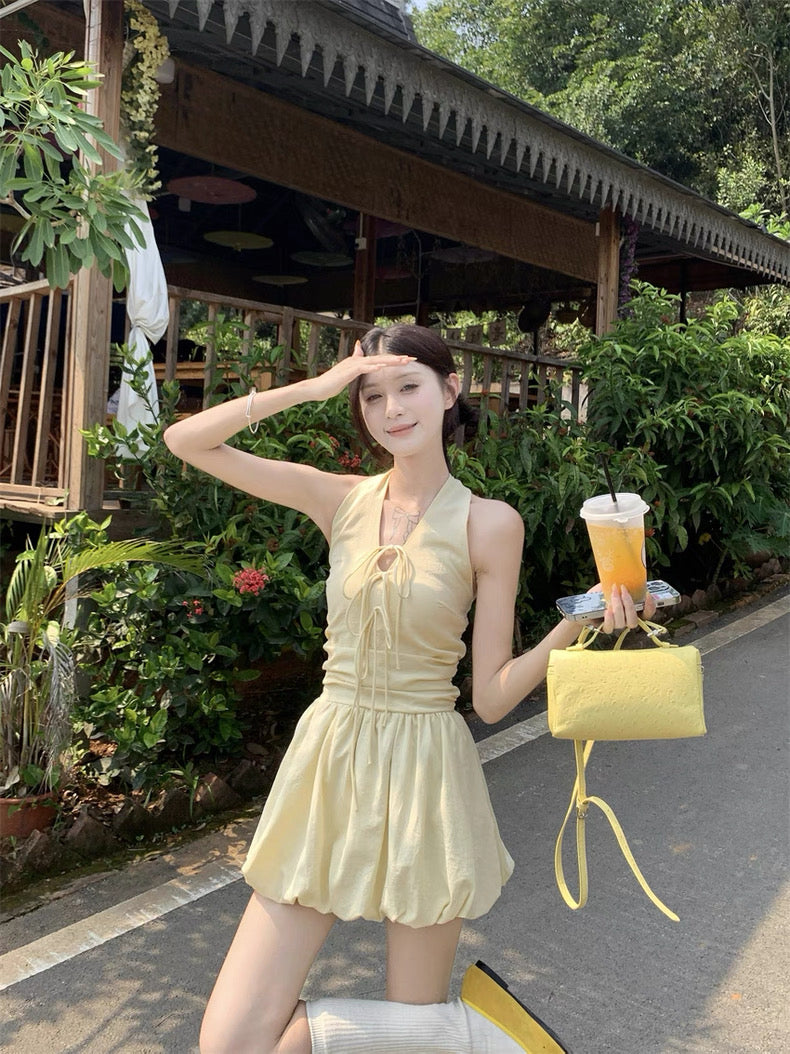 Round Collar Yellow Mini Dress