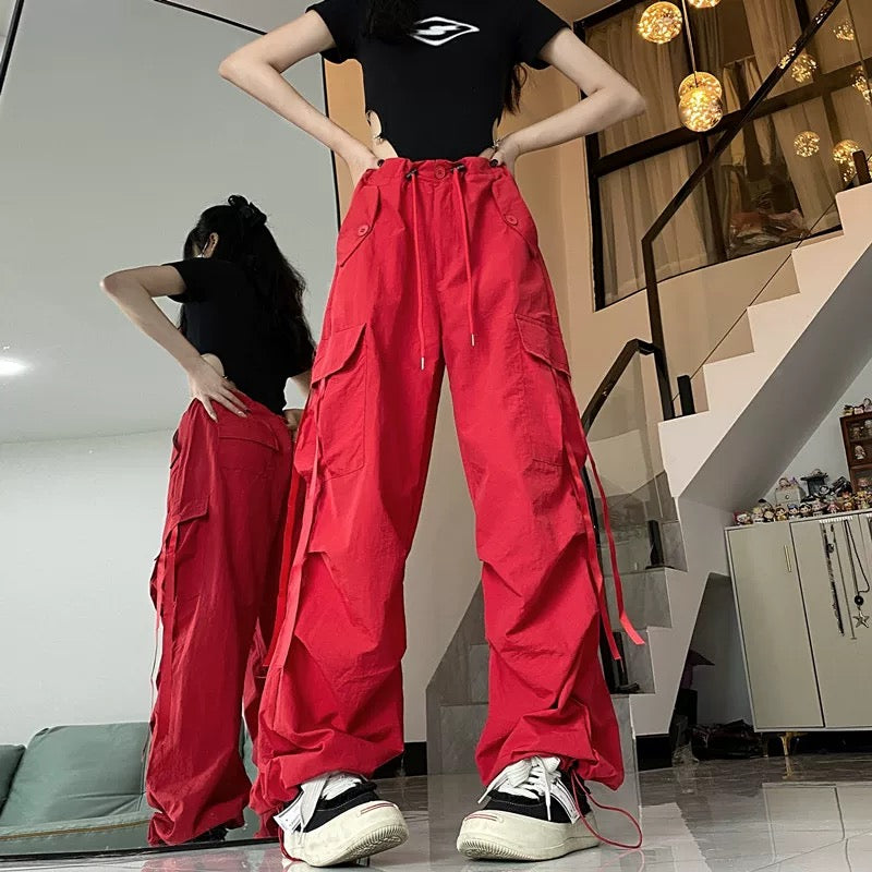 High Waist Strap Cargo Long Pants (Red, Black)