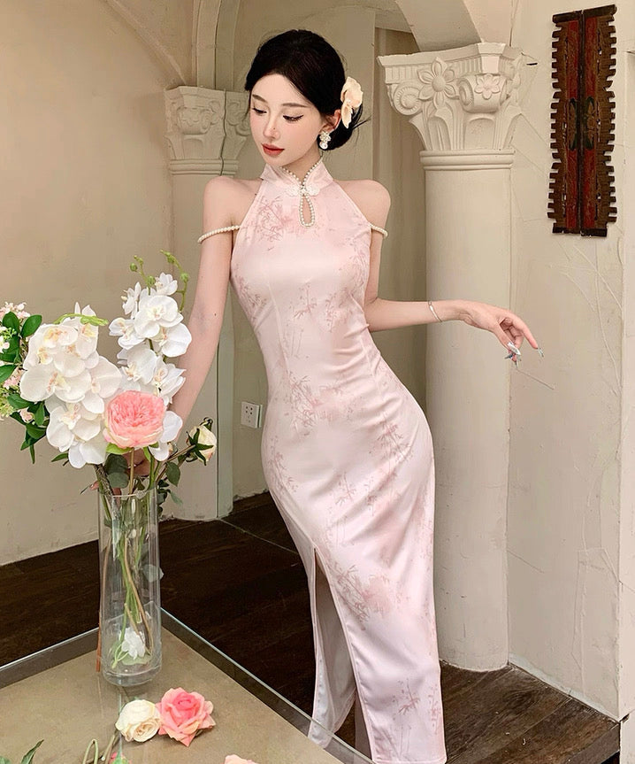 Pearl Strap Pink Cheongsam CD002 Long Dress (S)