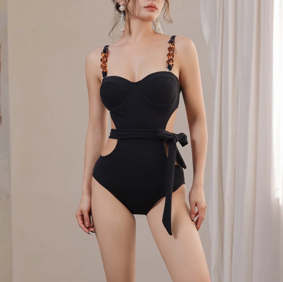 Waist Cut Beige/ Black BK13 Swimsuits