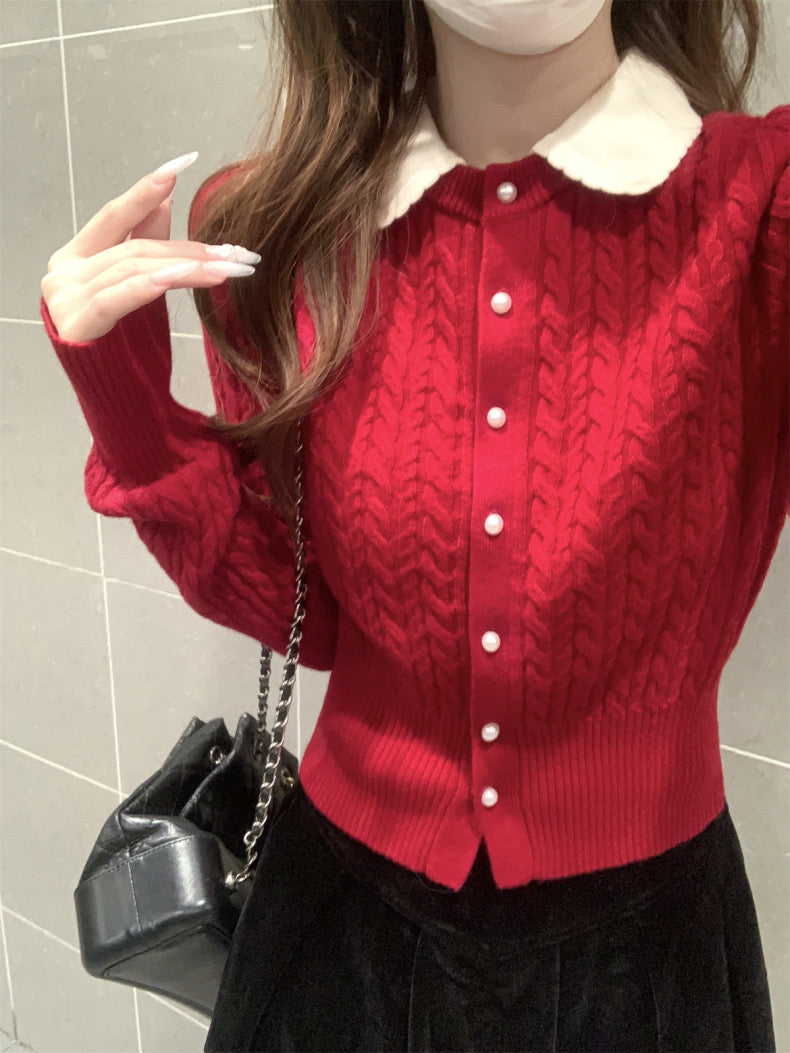 Beige Collar Knitted Long Sleeve Top