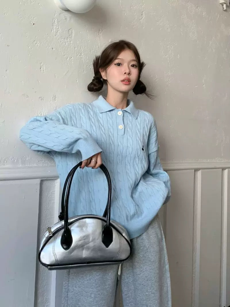 Collar Long Sleeve Cherry Knitted Top (Blue, Pink)