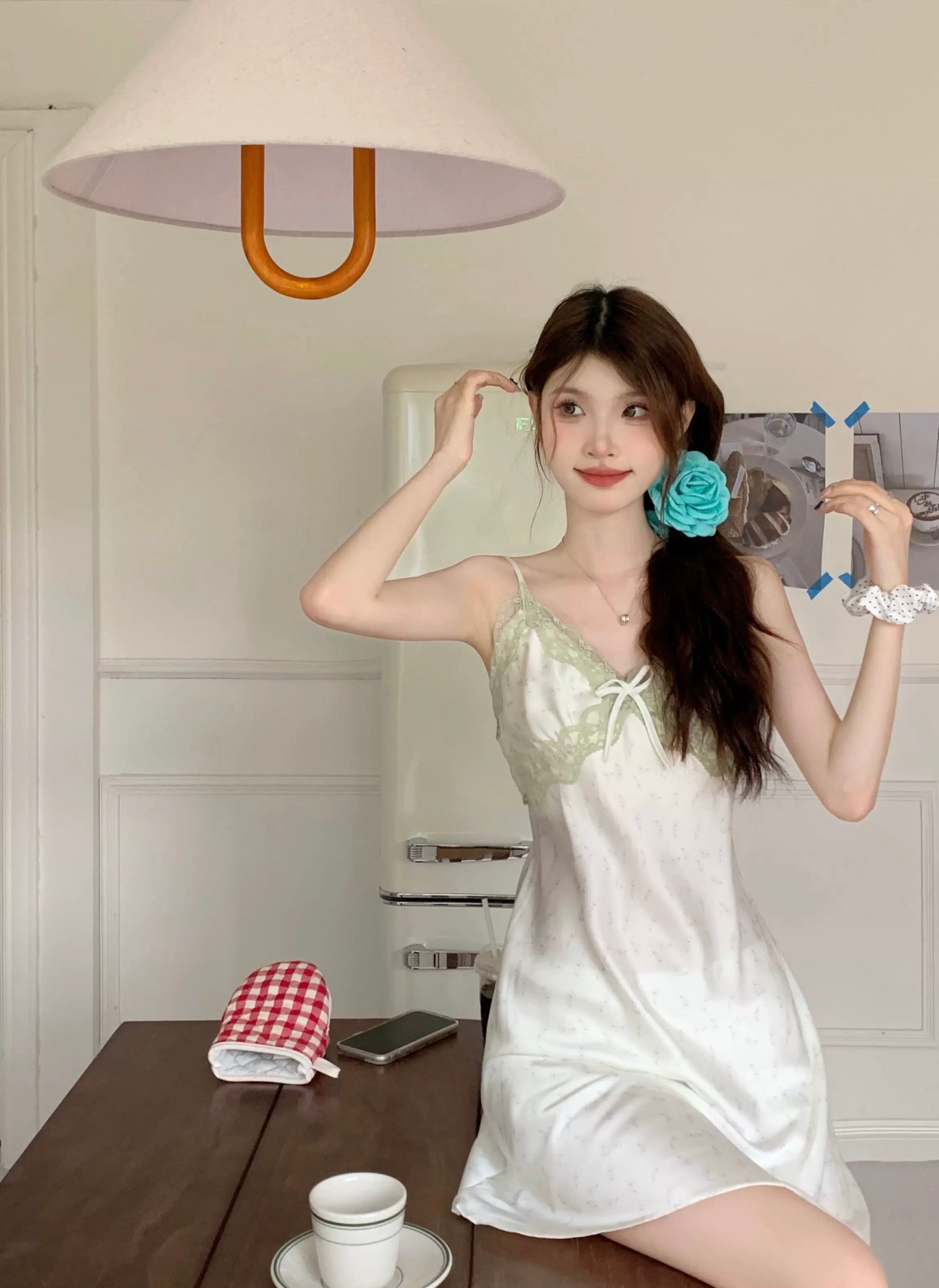 Green Lace Silk Homewear Dress Pyjamas