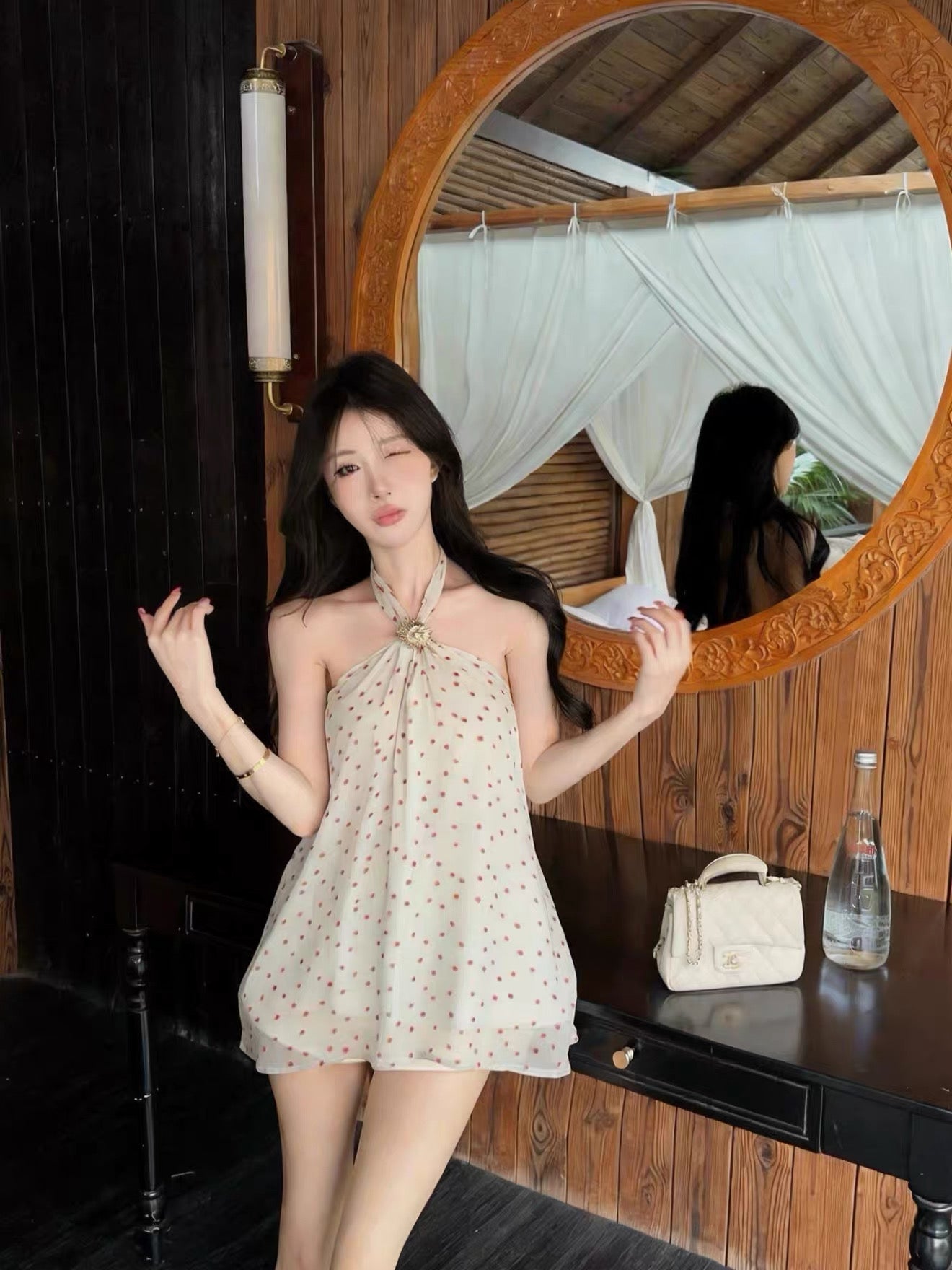 Polka Dot Round Neck Chiffon Long Top