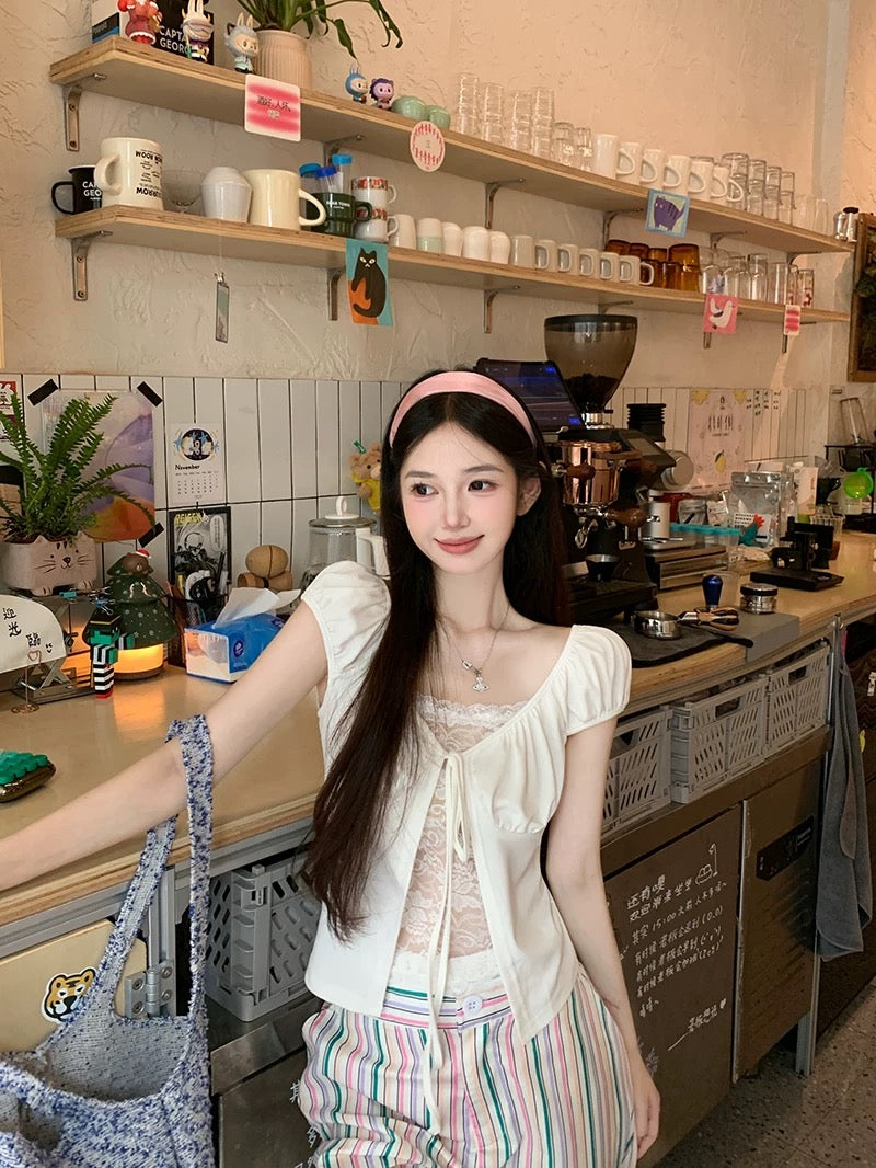 Mix Lacey Puff Sleeve Top (Black)
