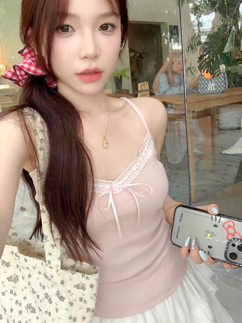 Mini Ribbon Basic Sleeveless Strap Top (white)