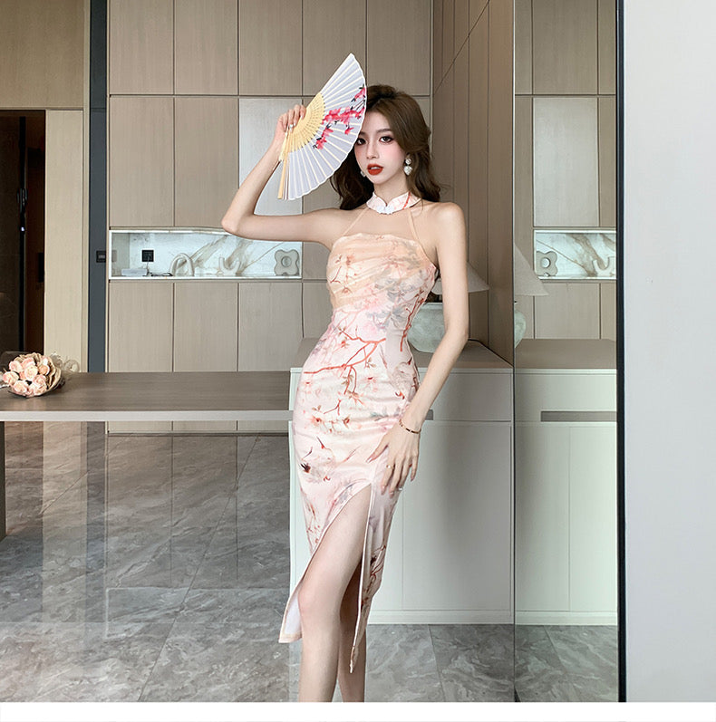 Floral Peach Halter Collar Cheongsam Long Dress (S, M)