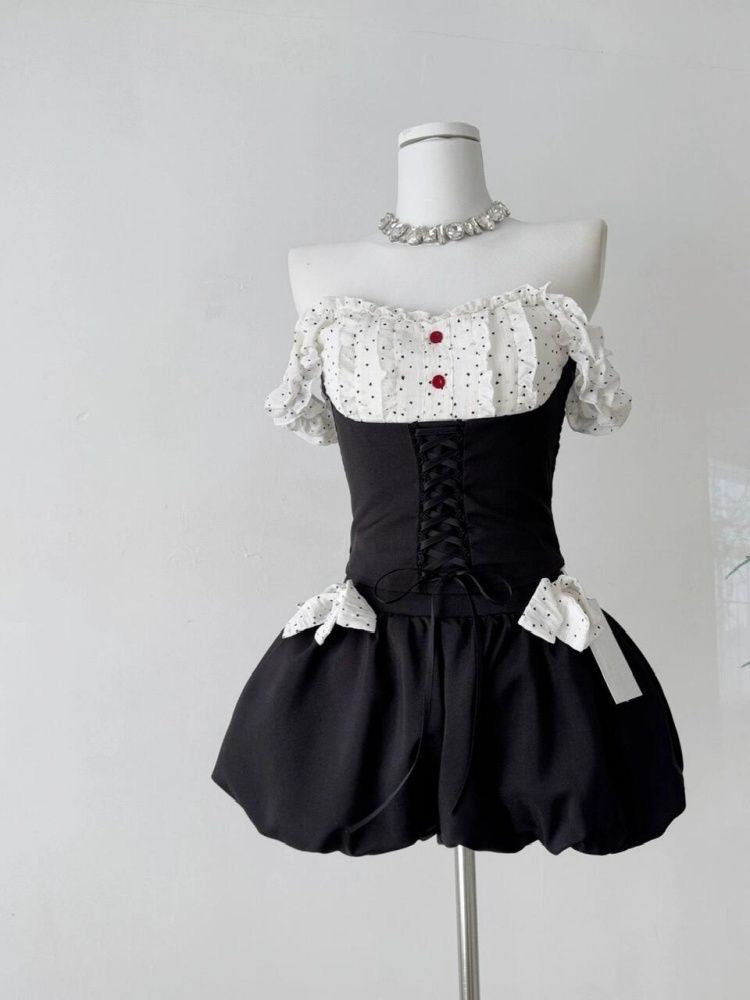 Mix White Black Top + Shorts Two Piece Set (S, M)