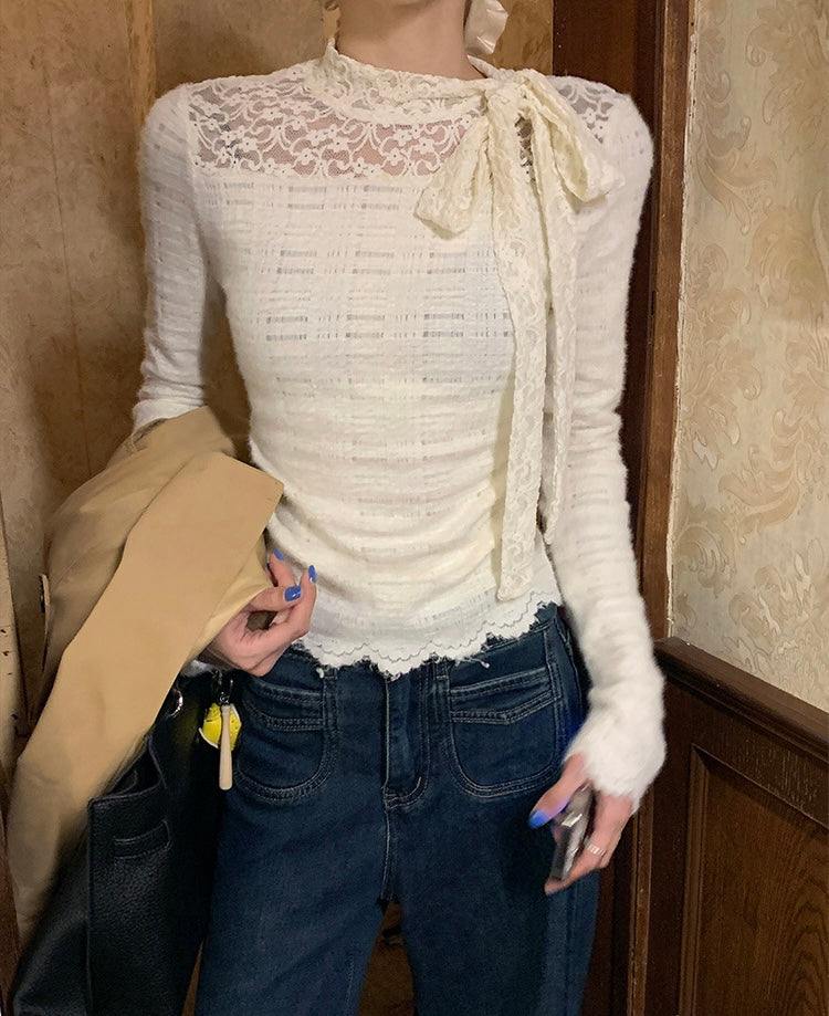 Ribbon Collar Wavy Bottom Long Sleeve Top (L/XL)