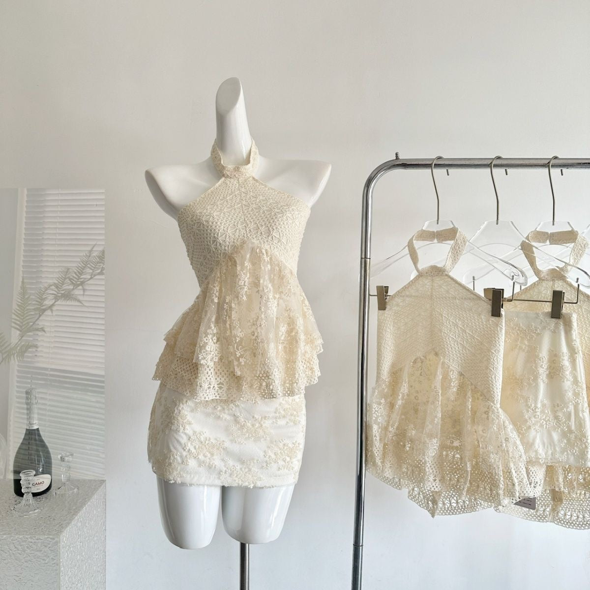 Embroidery Beige Top + Skirt Two Piece Set(XS, S, M)