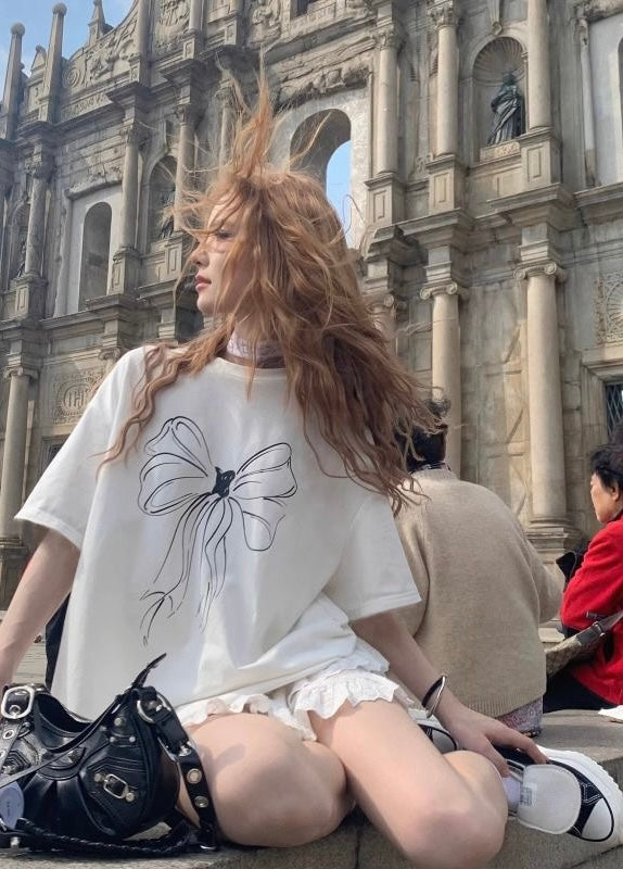 White Ribbon Oversize T Shirt Top