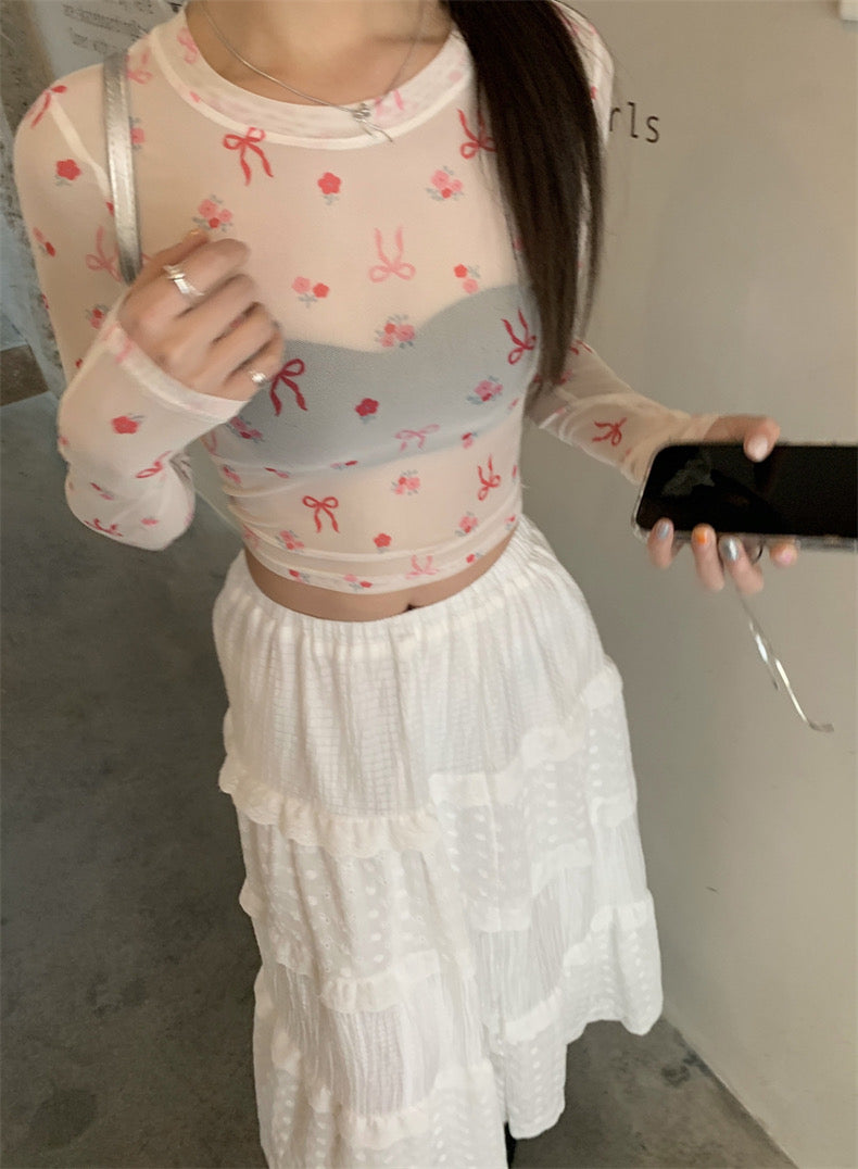 Pink Ribbons Thin Long Sleeve Mesh Crop Top Outerwear