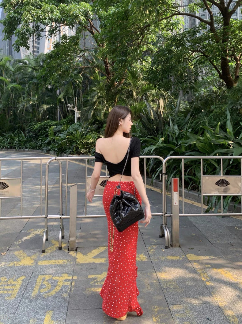 Lora Red Side Cut Long Skirt