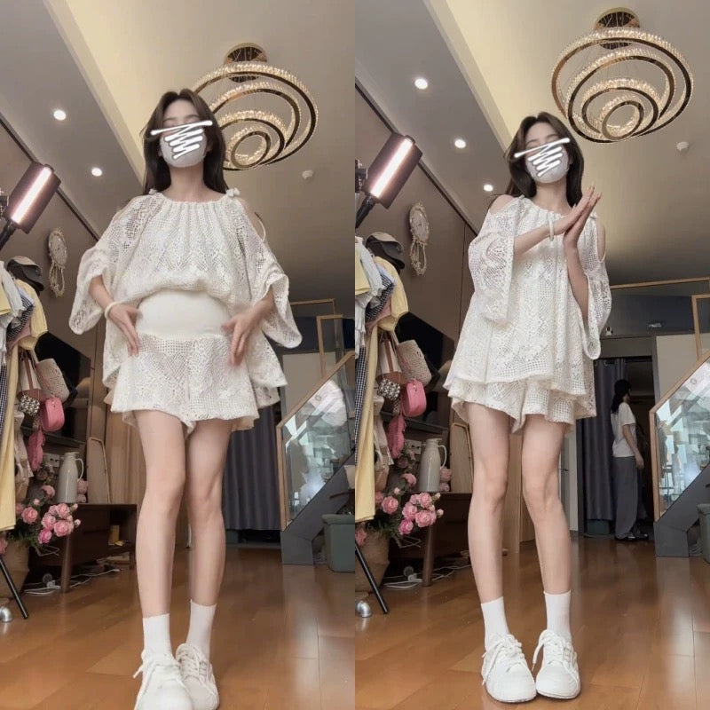Beige Lace Mom Two Piece Set