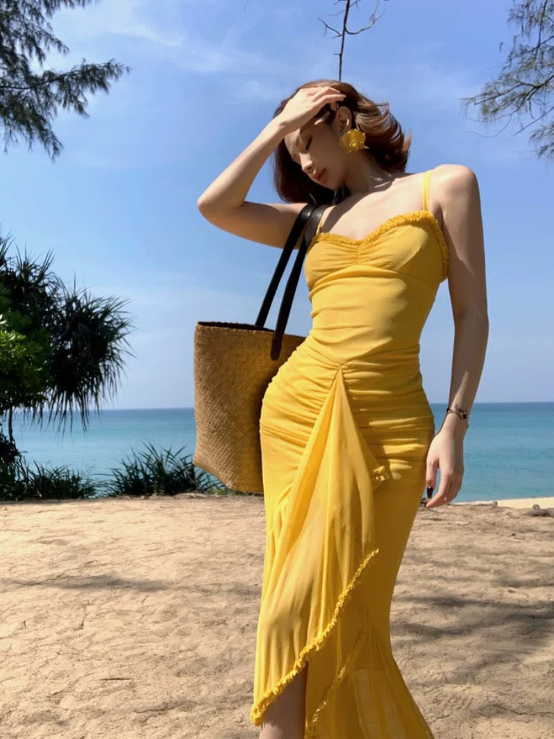Yellow Unequal Strap Dress (S)