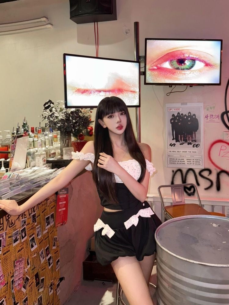 Mix White Black Top + Shorts Two Piece Set (S, M)
