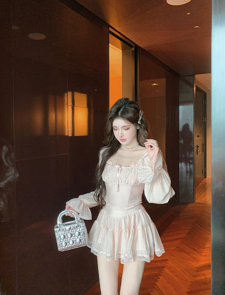 Pink Long Sleeve Top + Skirt Two Pieces Set