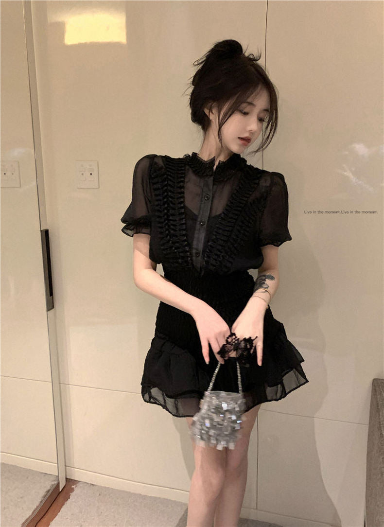 Mesh Puff Sleeve One Piece Dress