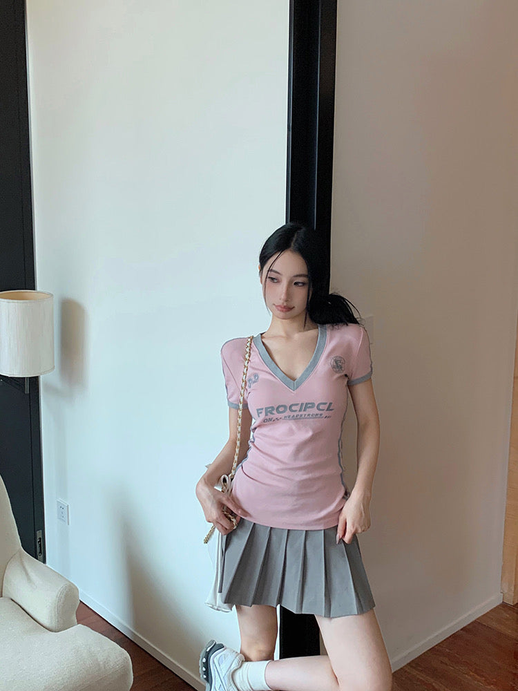V Collar Two Tone Top (Pink)