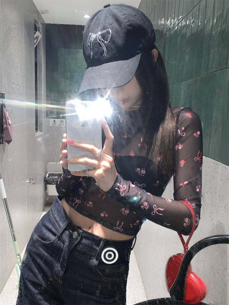 Pink Ribbons Thin Long Sleeve Mesh Crop Top Outerwear