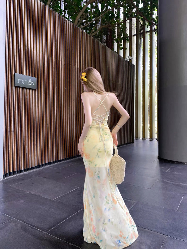 Lace Collar Yellow Long Dress