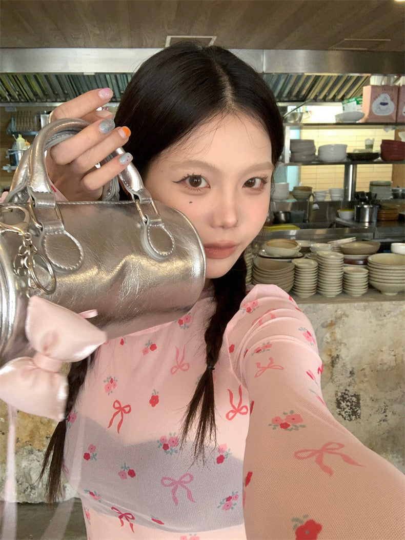 Pink Ribbons Thin Long Sleeve Mesh Crop Top Outerwear