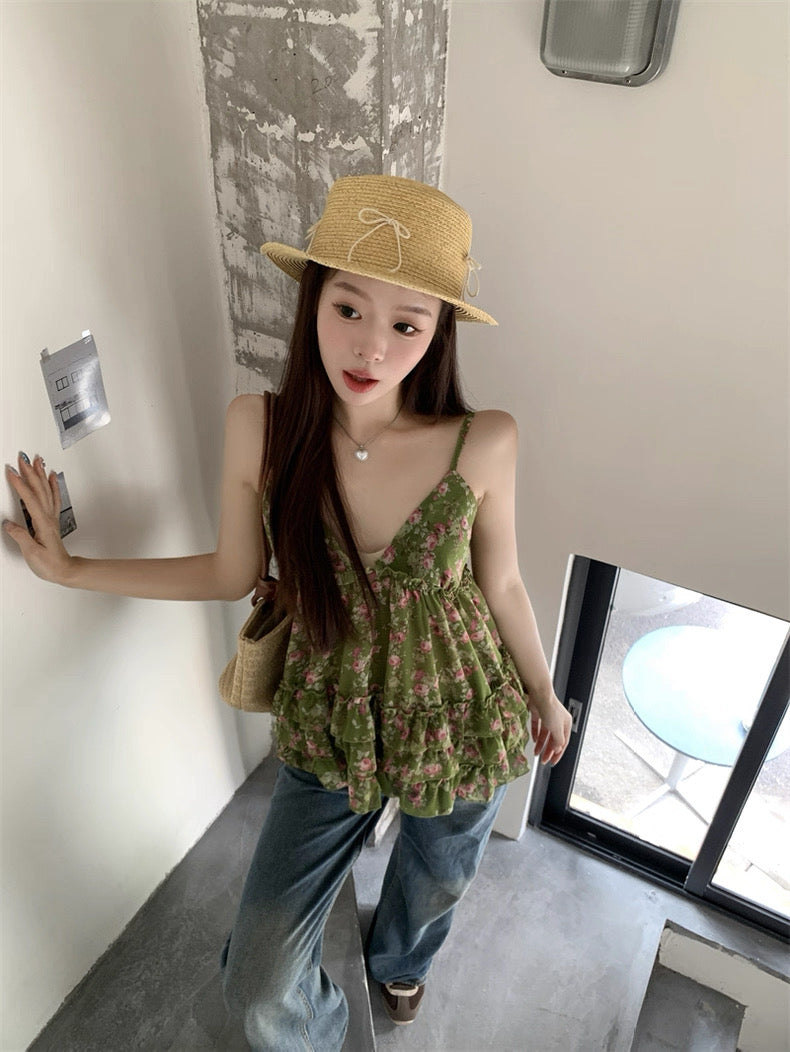 Green V Collar Chiffon Strap Floral Top