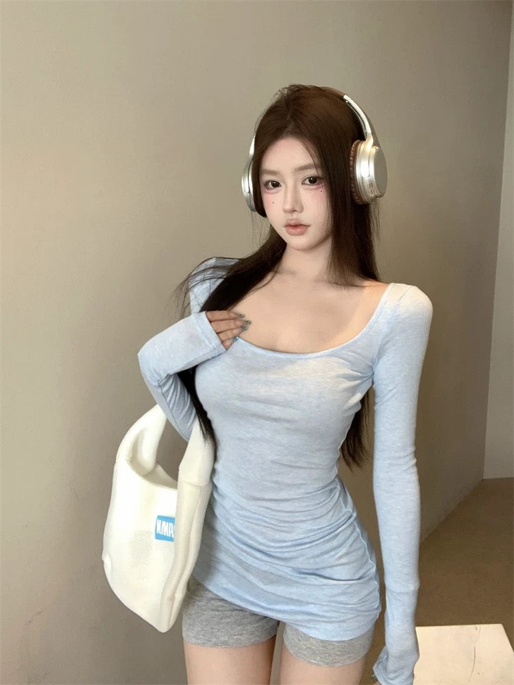 U Collar Thin Long Sleeve Long Top
