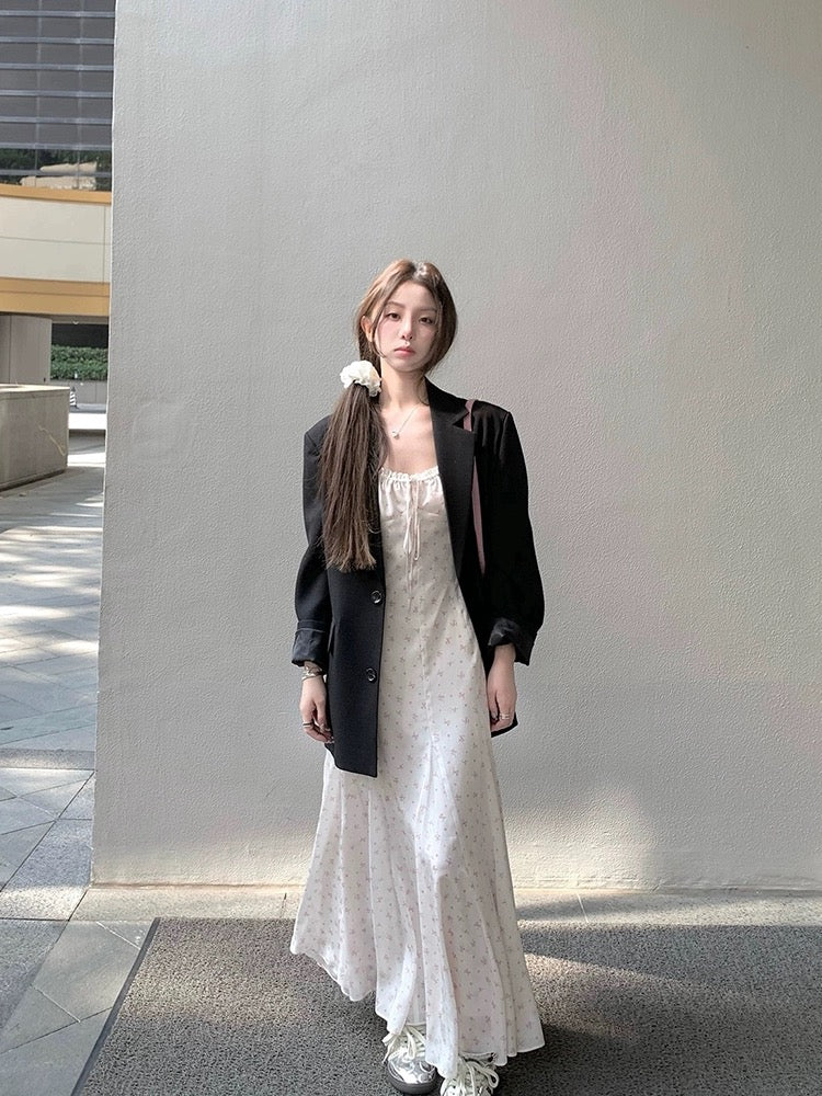 Pink Flower White Strap Long Dress (M)