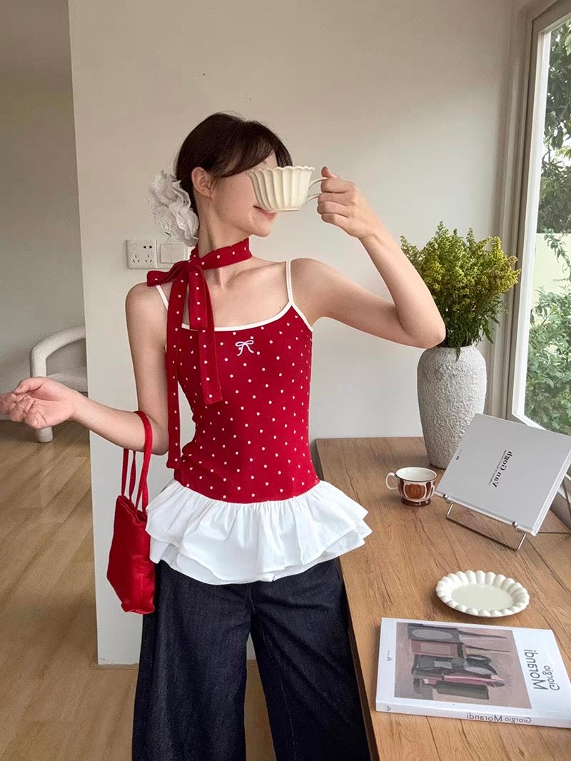 Mini Polka Dot White Layered Bottom Top With Strap