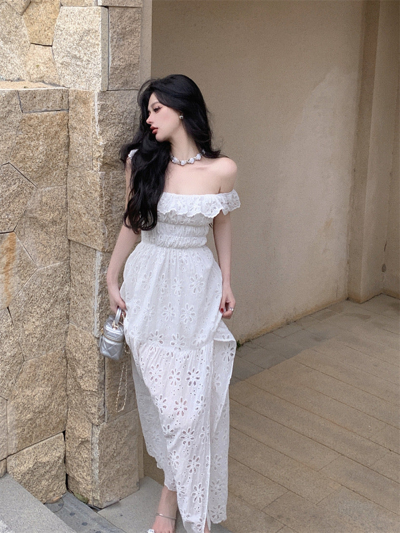 Ruffles Collar White Long Dress  (S, M)