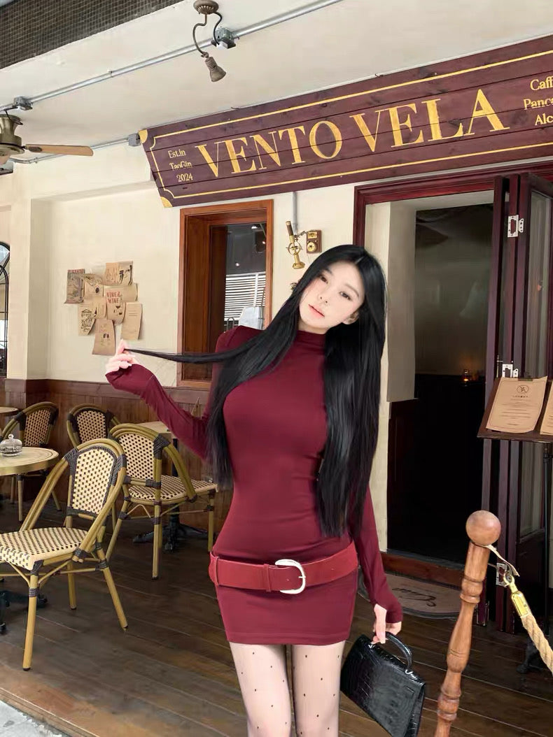 Red Wine Halter Collar Long Sleeve Dress with Belt