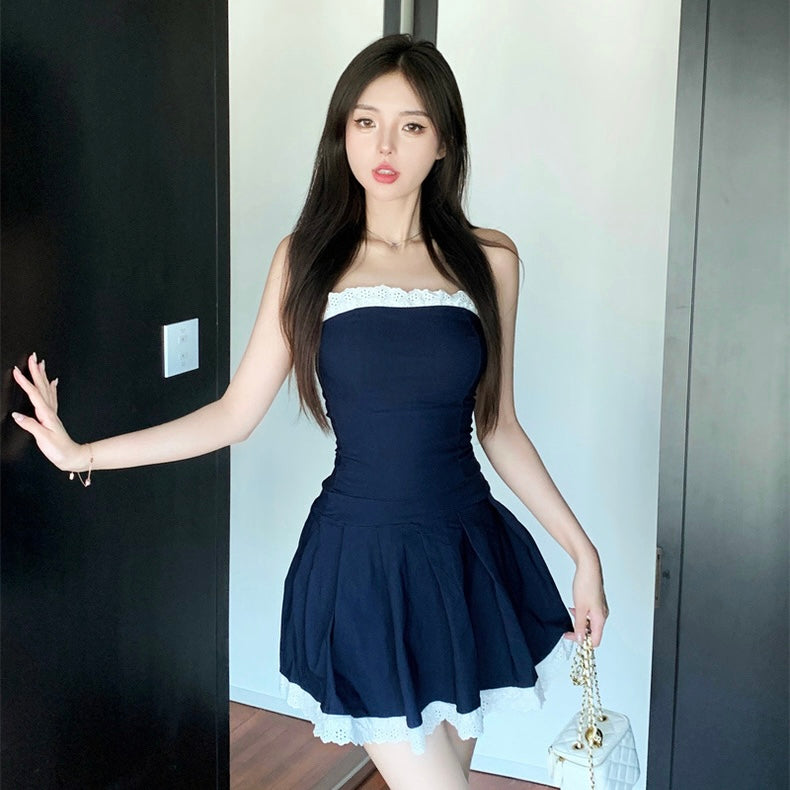 Lace Line Navy Tube Dress