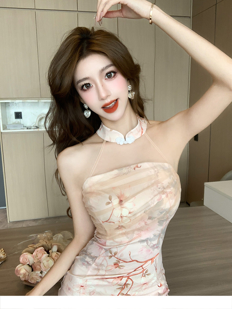 Floral Peach Halter Collar Cheongsam Long Dress (S, M)