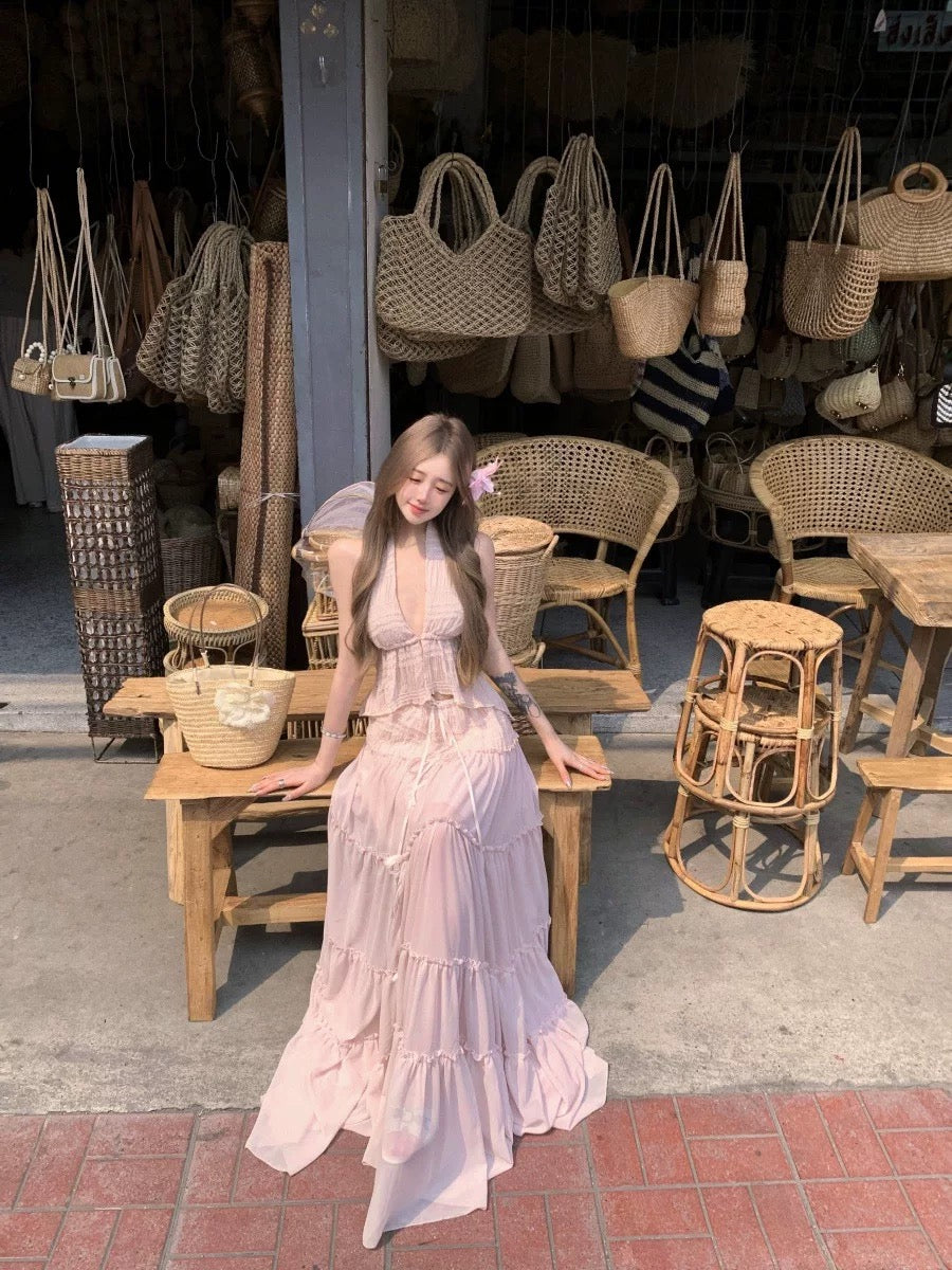 Pink Lace Top + Long Skirt Two Pieces Set