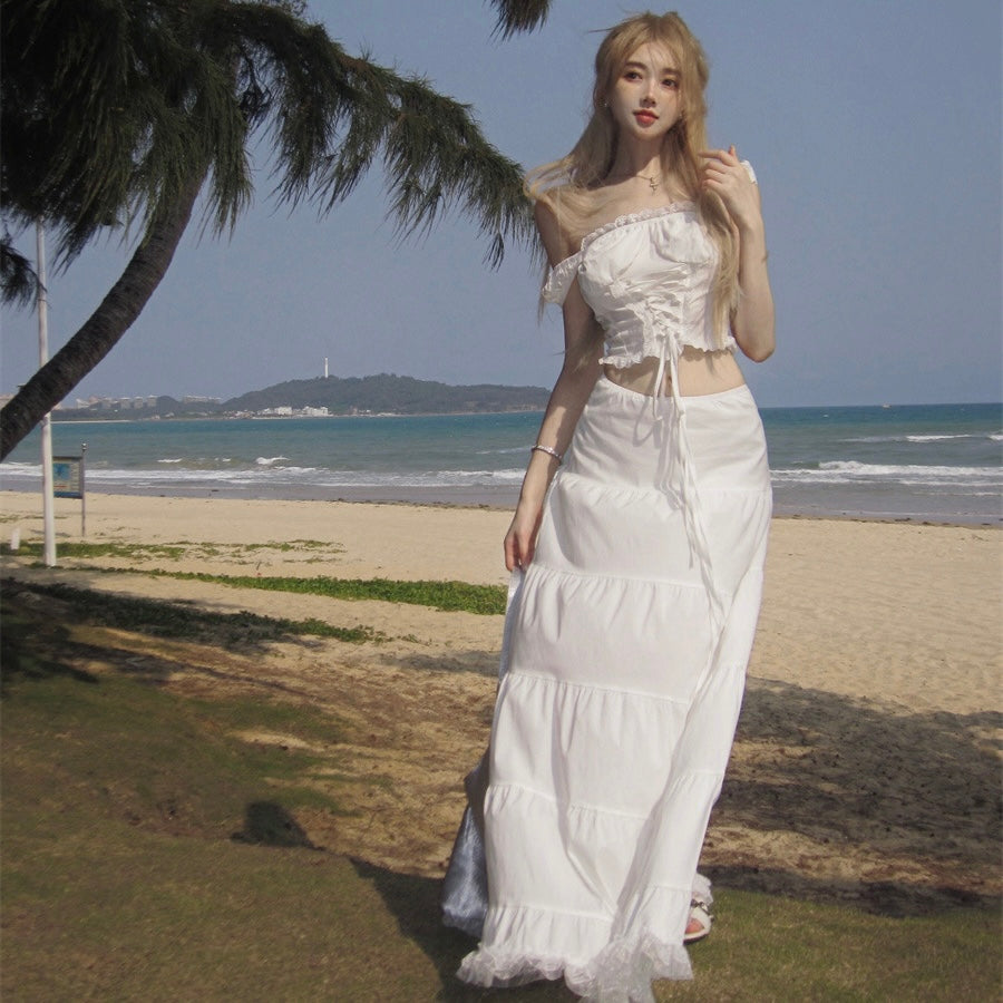 Cream White Lace Top + Long Skirt Two Pieces Set