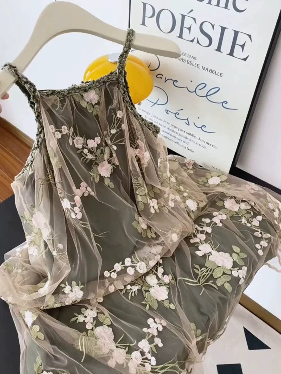 Mesh Flower Khaki Long Dress