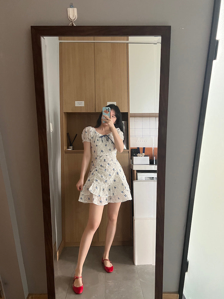 Blue Floral White Dress (S)