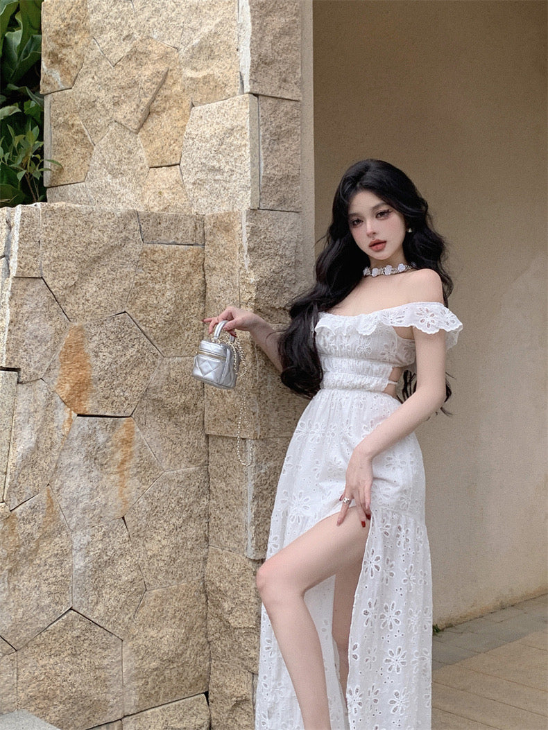 Ruffles Collar White Long Dress  (S, M)