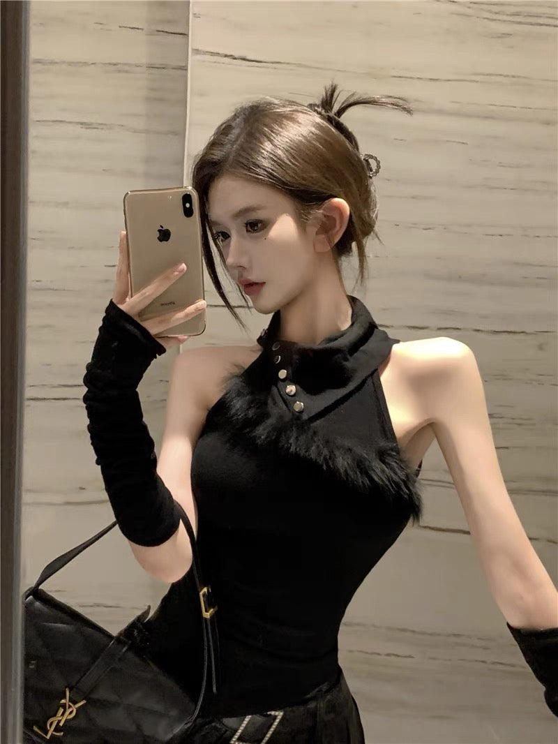 Halter Fur Sleeveless Top With Sleeve (White , Black)