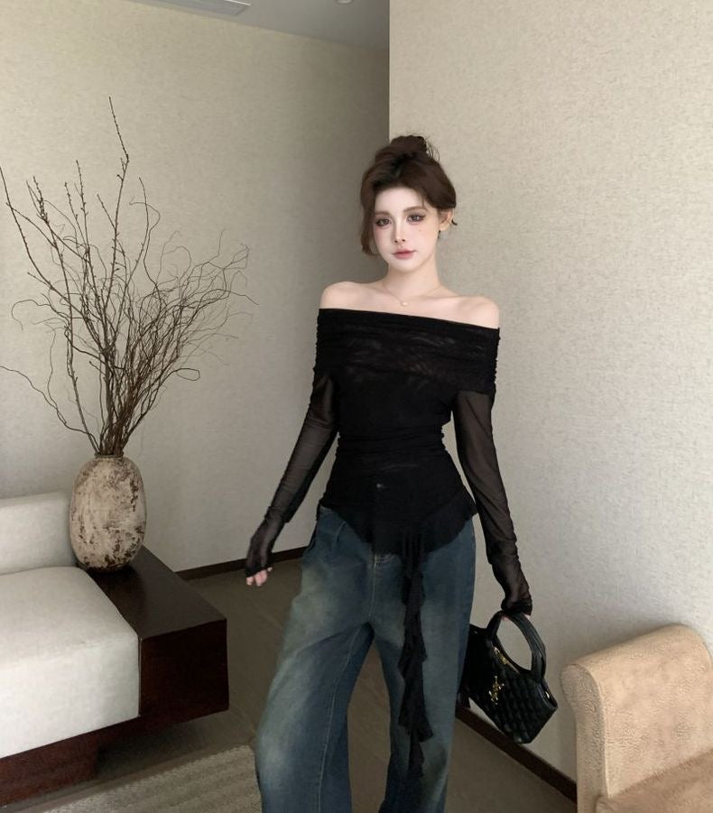 Off Shoulder Long Sleeve Brown Mesh Top