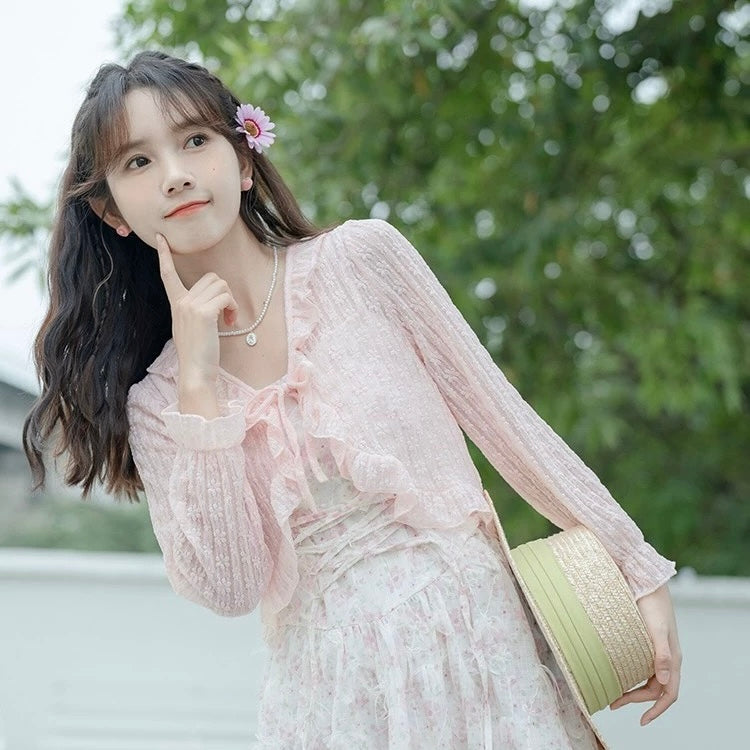Pink Floral Laces Long Sleeve Cardigan
