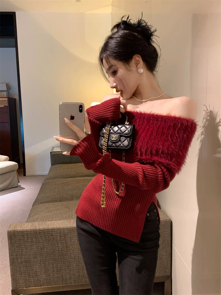 Off Shoulder Long Sleeve Knitted Top (Wine Red)
