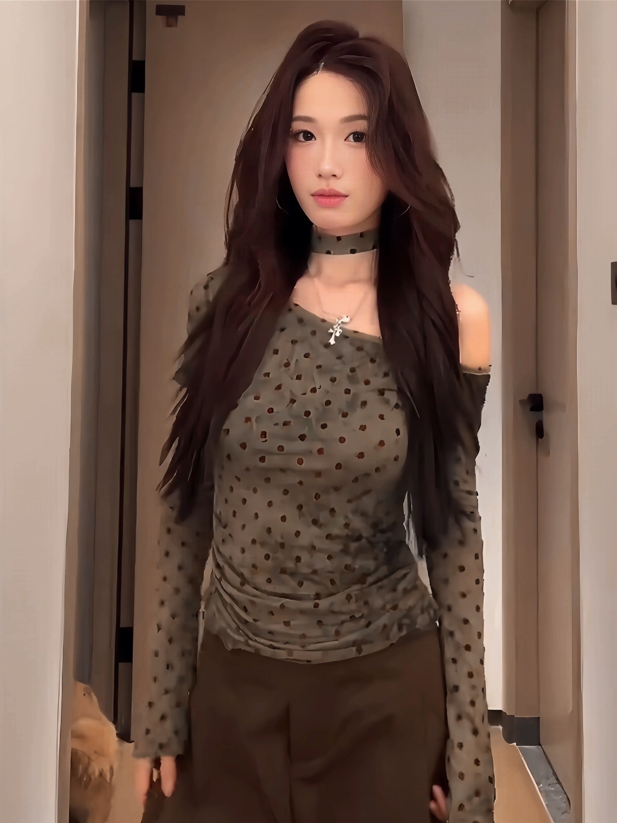 Mini Dot Off Shoulder Long Sleeve Mesh Top